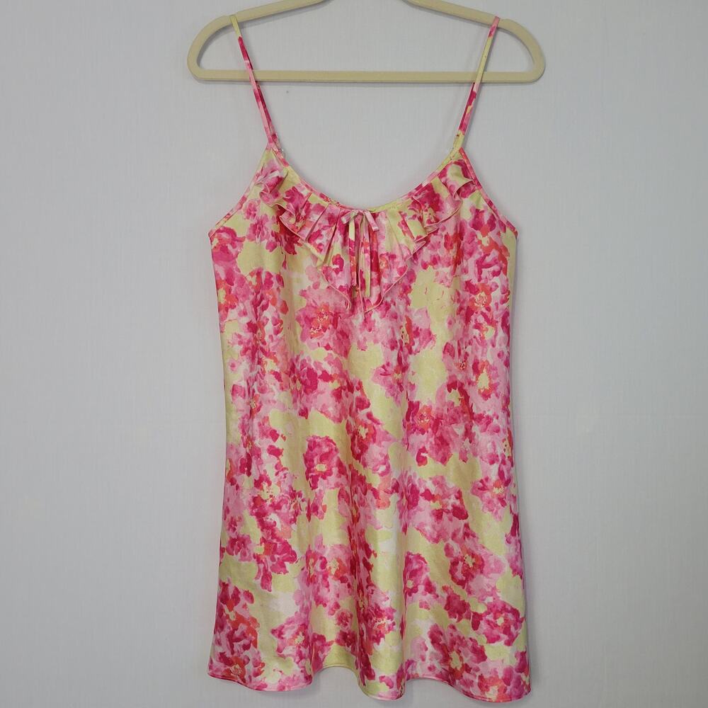 Y2K Satin Floral Ruffle Neck Chemise Slip Dress size S Pink Yellow Nightgown